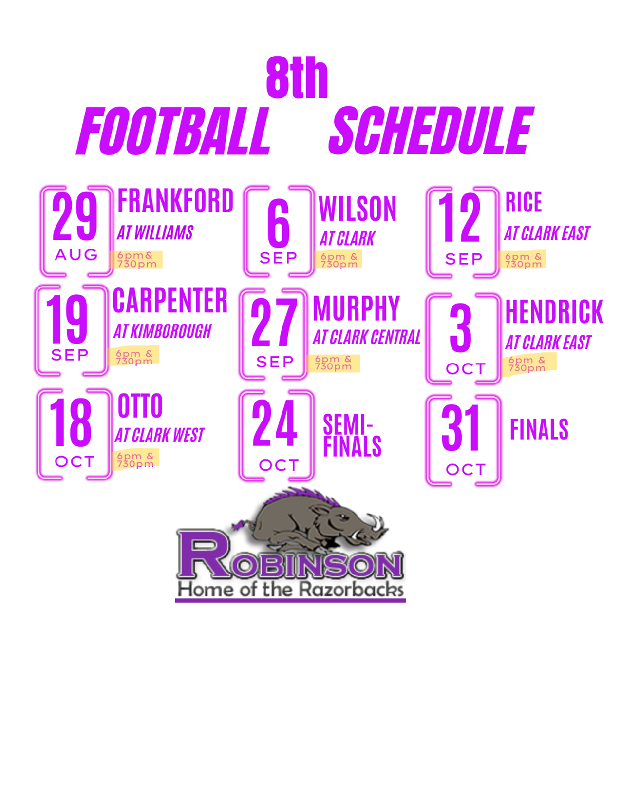 8th Grade Football Schedules